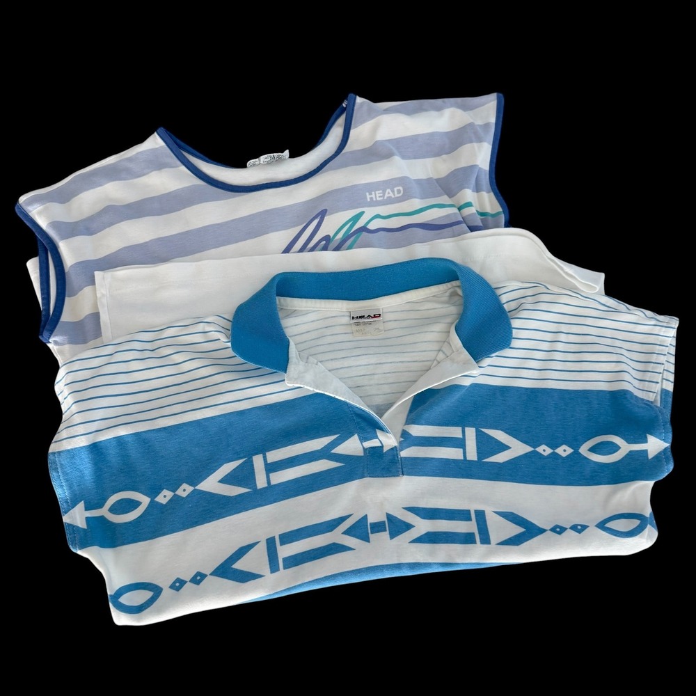 Vintage 80's Head Sportswear Women Blue Striped Polo & Graphic Tee Bundle L XL